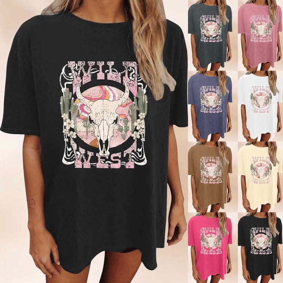 Xmyrz Plus Size Western Tops For Women Crew Neck Short Sleeve Wild West Buffalo Skull Graphic Loose Fit T-Shirts