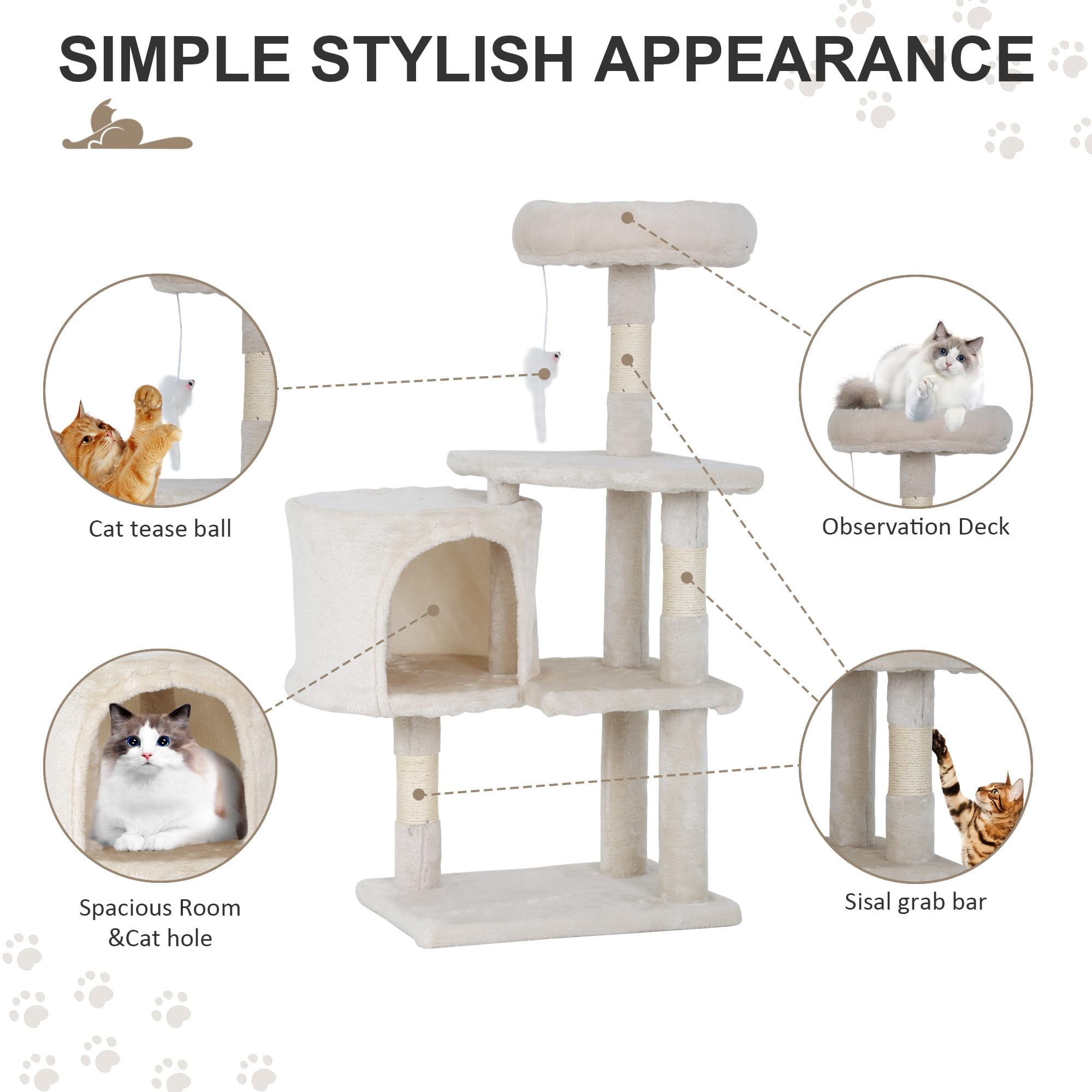 CL.HPAHKL Small Cat Tree for Indoor Cats, 37 Inches Cat Condo Furniture Activity Centre with Scratching Posts & Perch Bed Multi-Level Cat Tree House with Funny Toys for Kittens, Pets, Beige