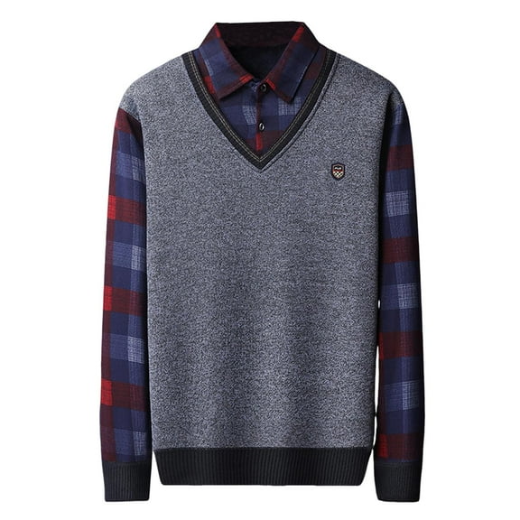 Wrtxtat Men's Fake Two Piece Knitted Shirt Plaid Quarter Button Lapel Pullover Relaxed Fit Autumn Lightweight Breathable Knitted Tops Gray M