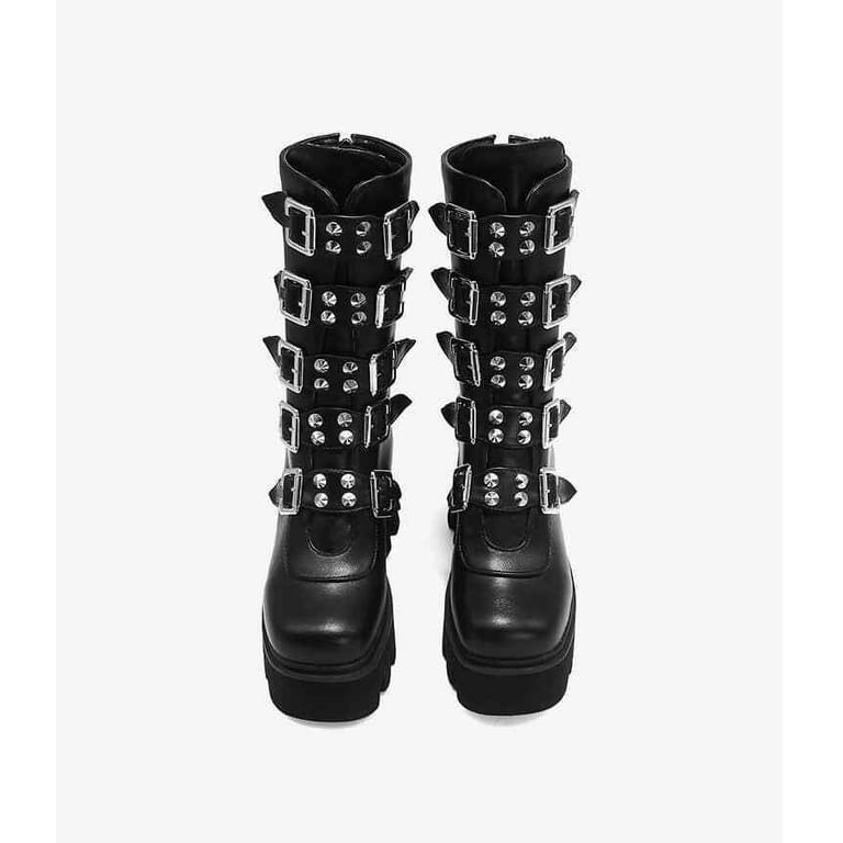 Divines Devil Gothic Punk Women's Platform Boots Black Buckle