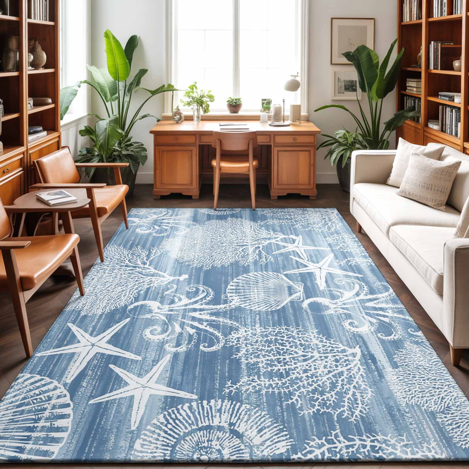 3'x5' Area Rugs, Blue Coastal Indoor Outdoor Area Rug for Living Room Bedroom, Nautical Coral Starfish Shell Octopus Sea Washable Bathroom Rugs Kitchen Floor Carpet Mats Home Decor Aesthetic