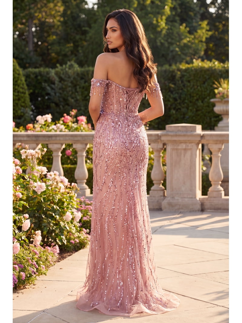 Dylan & Davids Fitted Off-Shoulder Sequin Prom Dress, Floor-Length Formal Evening Gown, Women's, Size: Large, Pink