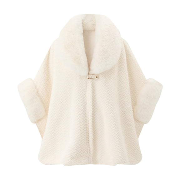 UTSJKR Women Faux Fur Collar Cape Coat Herringbone Textured Buckle Closure Loose Poncho Jacket for Autumn Winter White