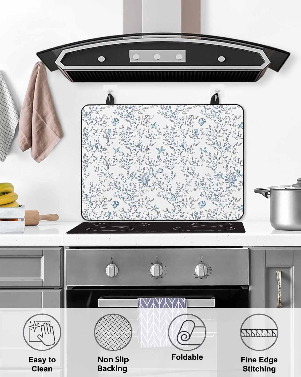 nqOlkjepod Large Induction Cooktop Protector Mat 36"x21", Blue Coral Coastal Stove Top Covers for Electric Stove, Cute Starfish Conch Ocean Decorative Stove Burner Cover Mats, Glass Top Stove Cover