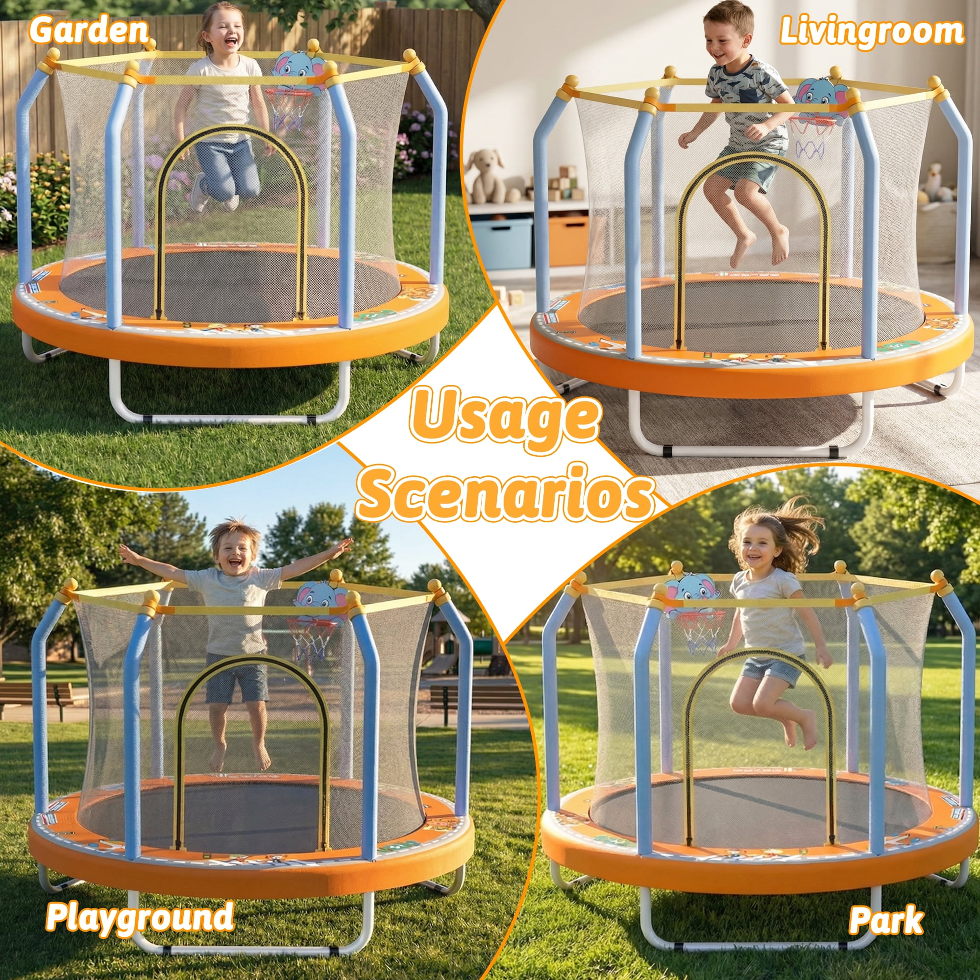 Mersco 55inch Kids Trampoline with Safety Enclosure Net, Indoor and Outdoor Toddler Trampoline with Basketball Hoop, Mini Trampoline for Baby BirthdayToys Gifts , Multicolor