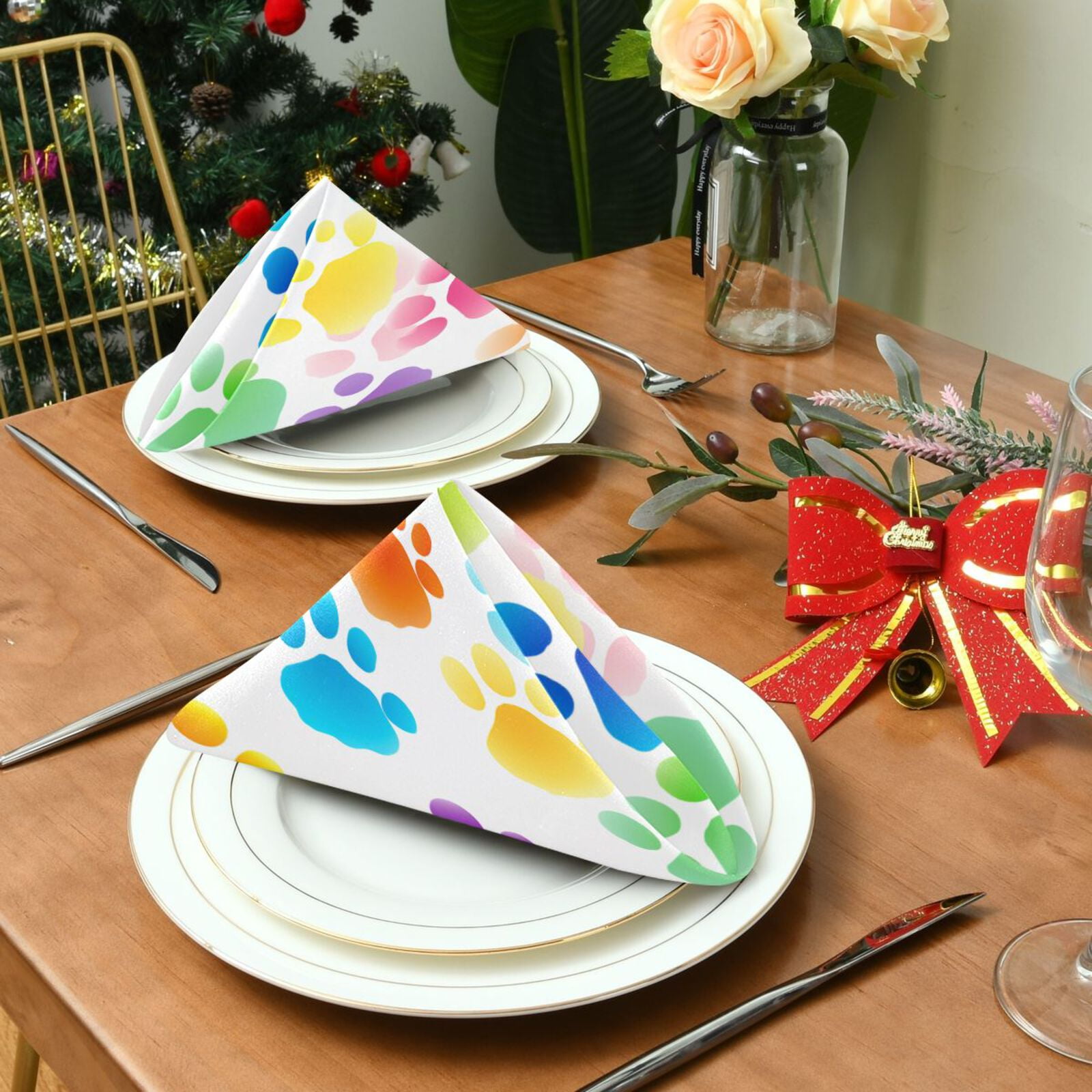 JSTEL Rainbow Dog Paw Prints Cloth Napkins Set of 6, 20x20 Inch Washable and Reusable Napkin for Decoupage Dinner Party Everyday Use