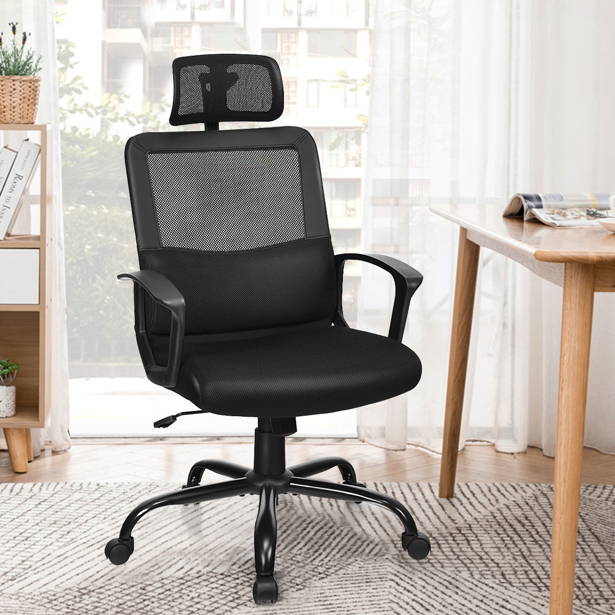 High Back Mesh Leather Seat Office Chair Computer Swivel Chair w/Headrest Grey 