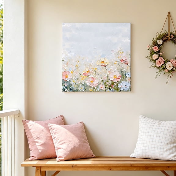 Garden Flower Canvas Wall Art for Living Room Bedroom Bathroom, Oilpainting Pink Yellow Blue Floral Canvas Art Wall Decor, Artwork for Walls Home Office Decor, 12"x12"