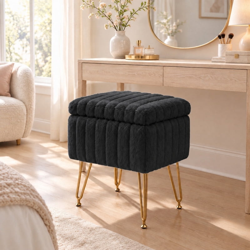 BEAUTYPEAK Vanity Stool with Storage Faux Fur Padded Makeup Ottoman with Gold Metal Legs and Adjustable Feet 18.9" Footstool, Black