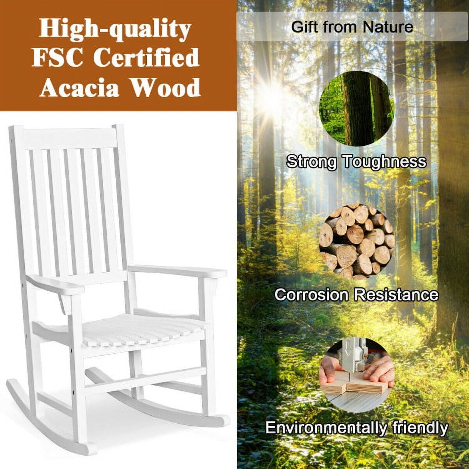 Aimee Lii Outdoor Rocking Chair, Patio Wooden Rocker Chair for Lawn, Porch, Backyard, Indoor and Garden, White
