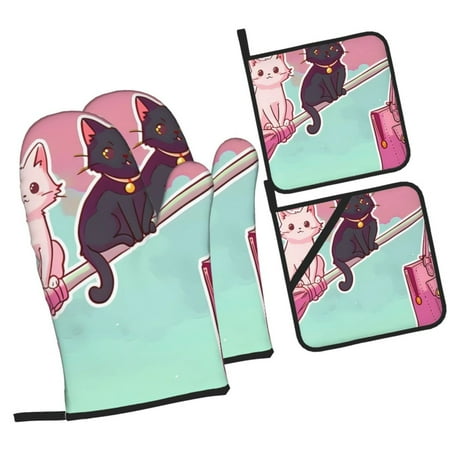 

Honeii Cats On Broomstick Pattern Oven Mitts and Pot Holders Silicone Oven Gloves 500 F Heat Resistant Oven Mitts Sets 4PCS