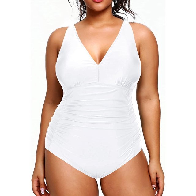 GHSDFBB Women Plus Size One Piece Swimsuits V Neck Tummy Control Bathing Suits Retro Ruched Swimwear