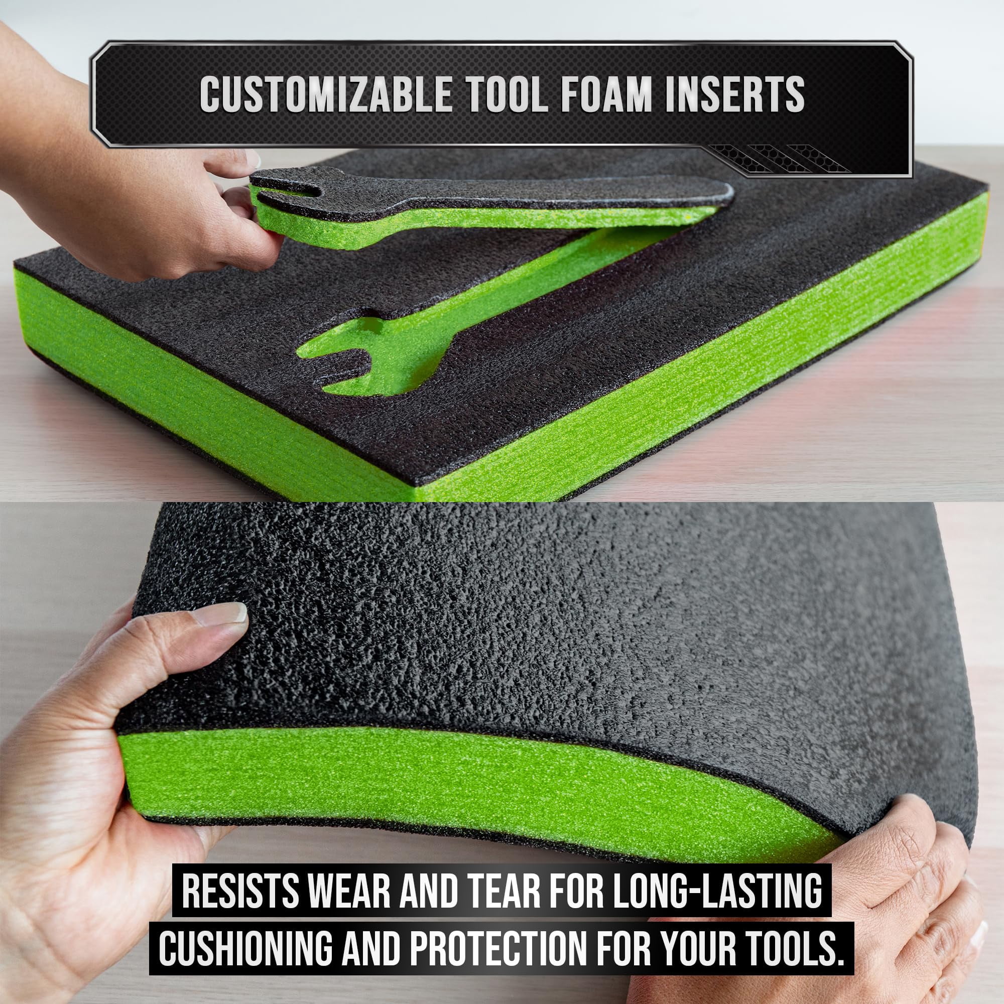 Precision Defined Tool Box Foam - Protective Inserts for Cases, Polyethylene Tool Foam for Cases, Cushion Insert for Toolboxes - 18" Black/Green (3 pack)
