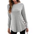 thumbnail image 1 of Blusa de algodón gris de manga larga, corte holgado, cuello redondo, color puro, detalle de botones - Talla S, 1 of 6