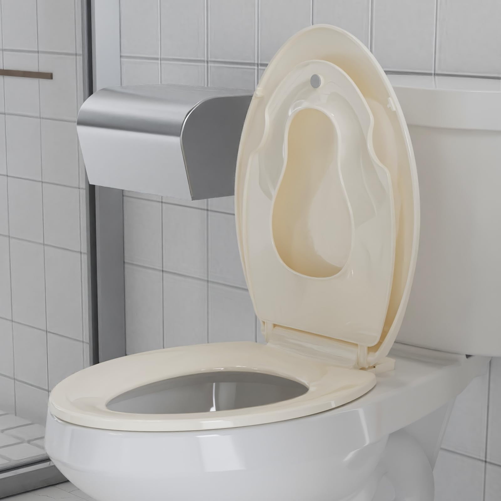 Elongated Toilet Seat with Built In Potty Training Seat, Slow Close Family Toilet Seat with Cover for Adults and Toddlers, Easy to Clean and Stain-Resistant, Almond