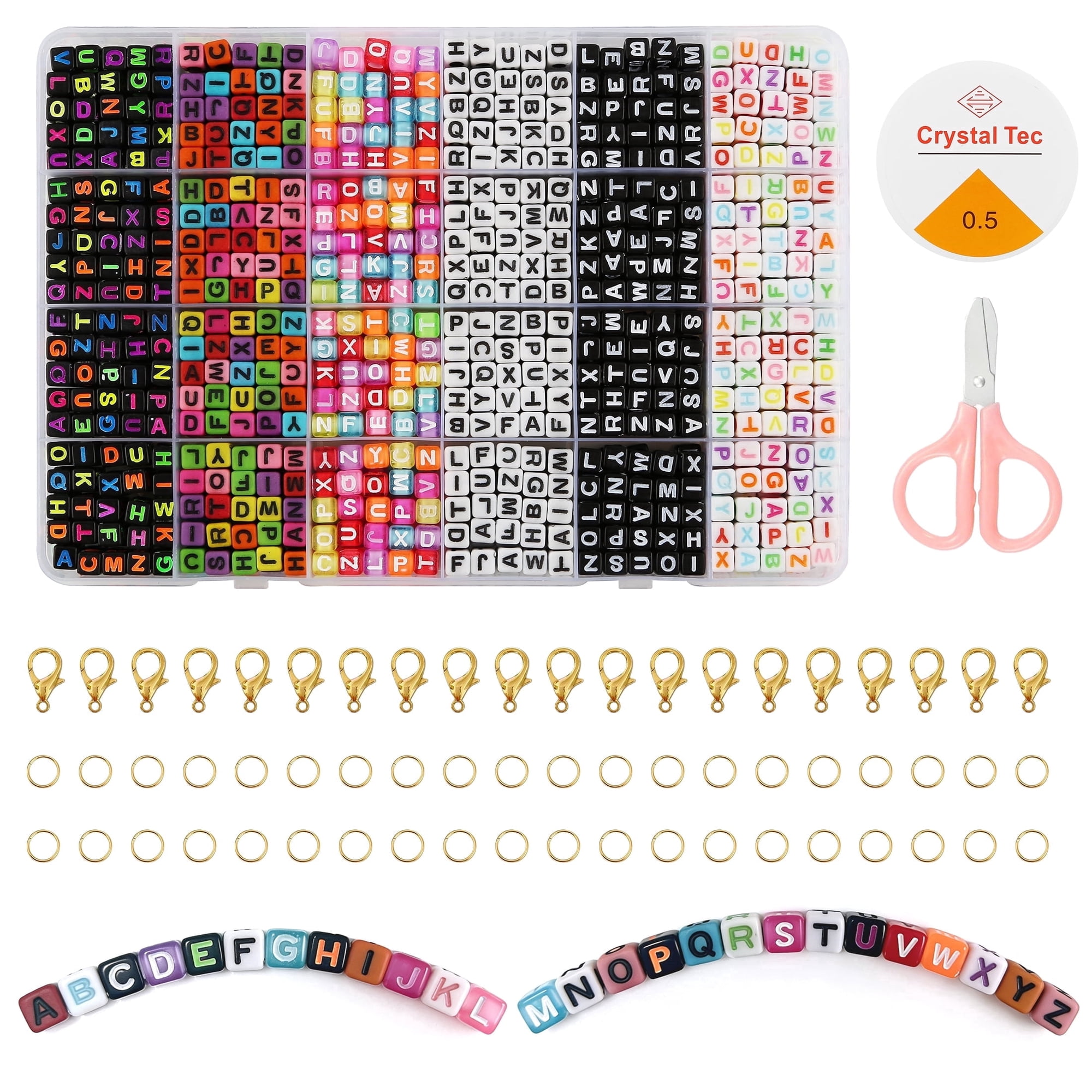 Yalumo 1200pcs Letter Beads, 6 Colors 6 x 6 MM A-Z Cube Alphabet Beads for Jewelry Making, Friendship Bracelets DIY with Cord Scissors Clasp Ring
