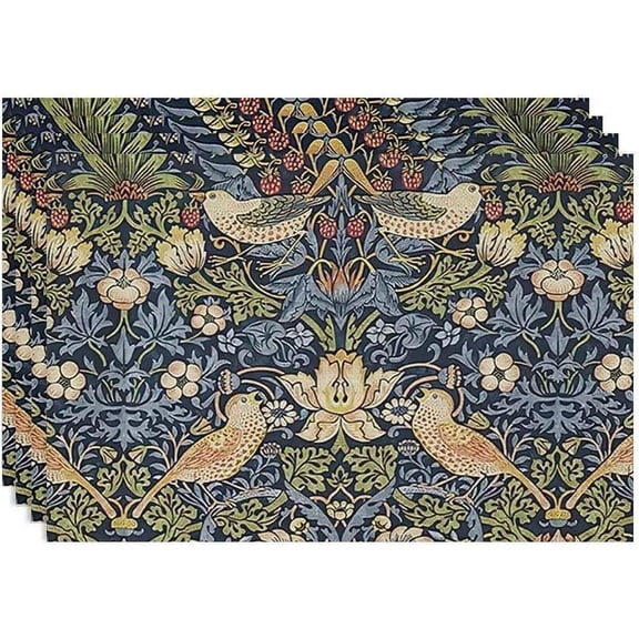 Floral Placemats Set of 4, Vintage Flower Strawberry Birds Place Mats, Heat Resistant Non Slip Cotton Linen Dining Table Mats for Home Kitchen Party 18x12 Inch