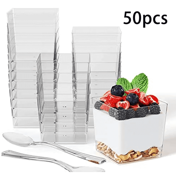 50 Pack Plastic Dessert Cups with Spoons, Mini Parfait Cups Clear Dessert Cups for Party Appetizers