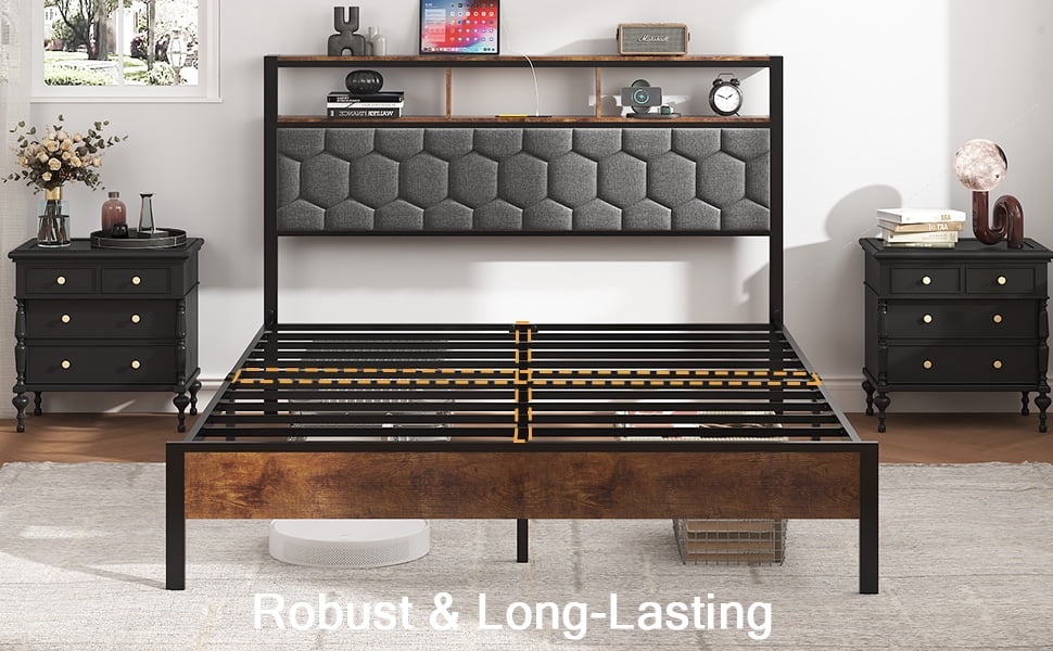 Yoneston King Size Bed Frame with Upholstered Storage Headboard and USB Charging, Retro Metal Platform Bed Frame with Under-Bed Storage Noise Free for Bedroom, Brown
