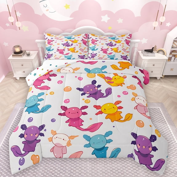 Manfei Colorful Cute Axolotl Bedding Comforter Set,Kawaii Sea Salamander Twin Comforter Sets,Cartoon Ocean Animal Bedding Set For Girls Kids,Breathable Home Decor Reversible,2pcs