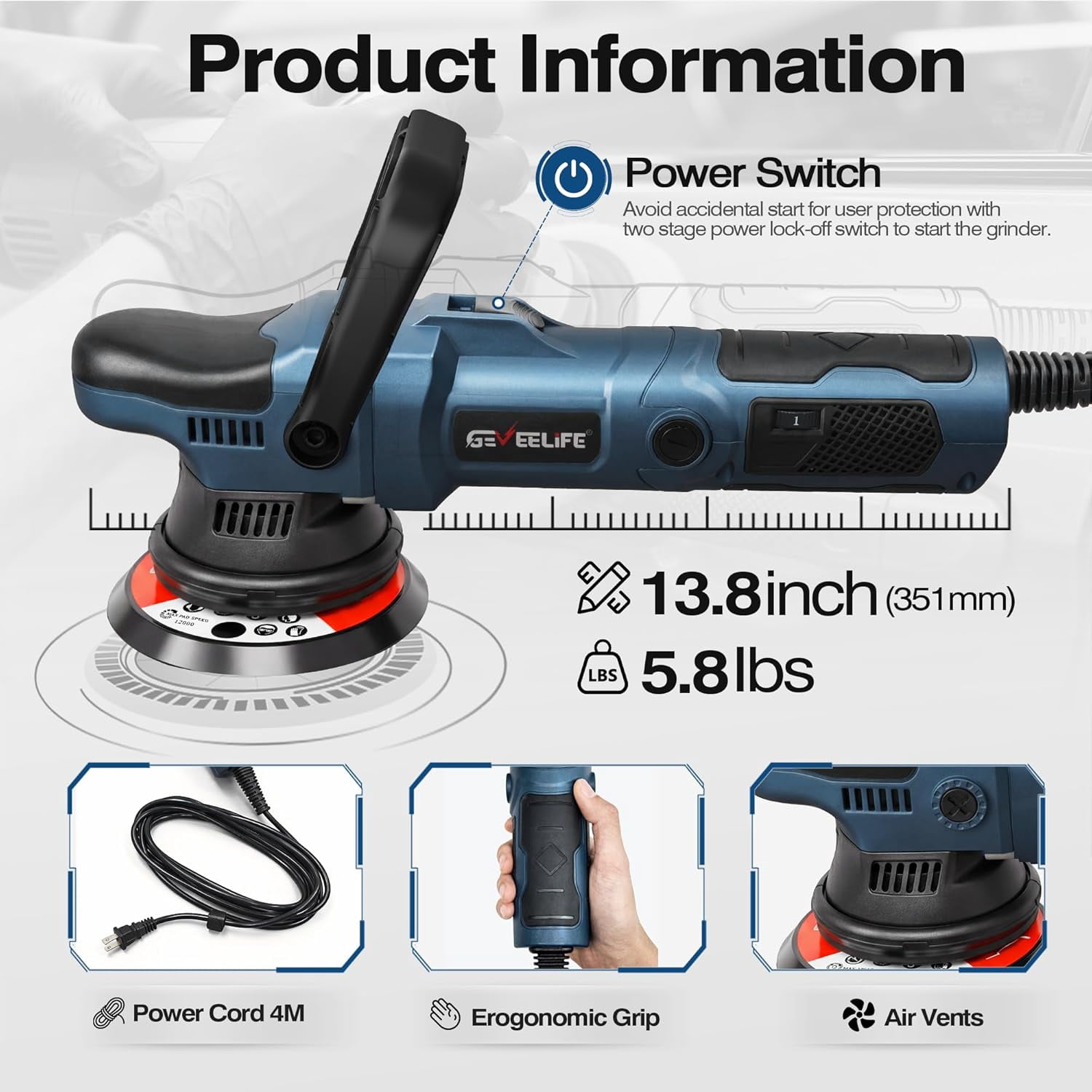 GEVEELIFE Buffer Polisher, 15mm Dual Action Random Orbital Polisher, 5 Inch/6 Inch Car Detailing Kit, 6 Variable Speed 2000-5200 RPM – Professional Car Buffer for Trucks and SUVs