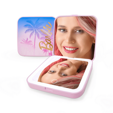 Impressions Vanity Barbie Beach Dreams Lighted Compact Mirror, 2X Magnifying Travel Makeup Mirror