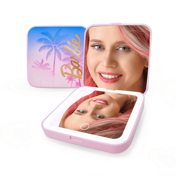 Impressions Vanity Barbie Beach Dreams Lighted Compact Mirror, 2X Magnifying Travel Makeup Mirror