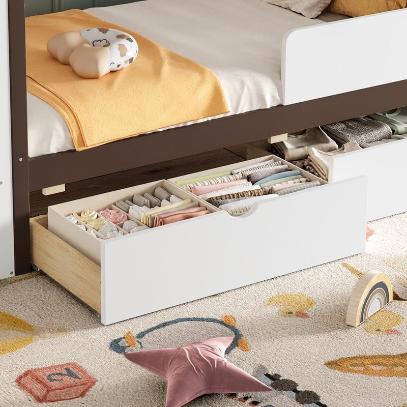 Twin Size House Platform Bed with Storage, Solid Wood House Bed with Drawers & Shelves, Solid Wood Platform Bed with Cabinet & Wardrobe, White & Espresso
