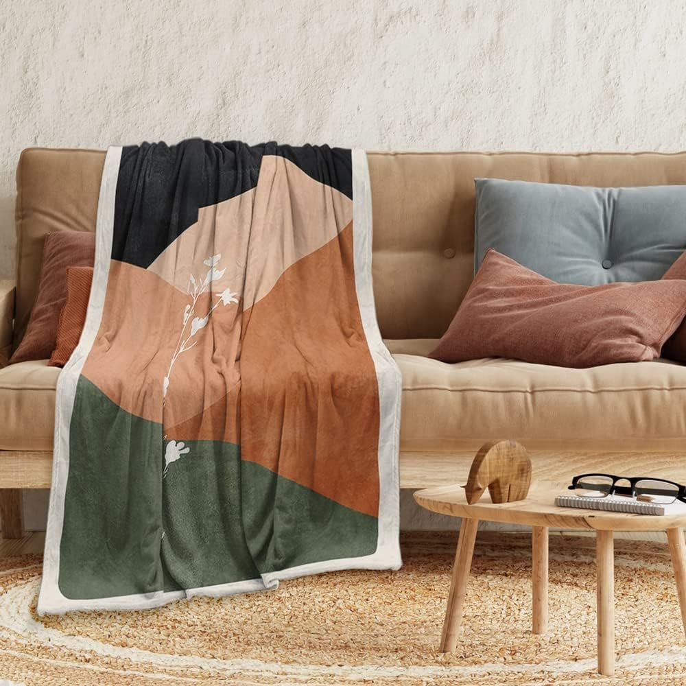 Boho Orange Mid Century Blankets Abstract Modern Throw Blanket Minimalist Boho Aesthetic Soft Warm Bed Bedding Women Blankets for Couch Bedroom Sofa Office Cozy Flannel Blankets 30"X40"
