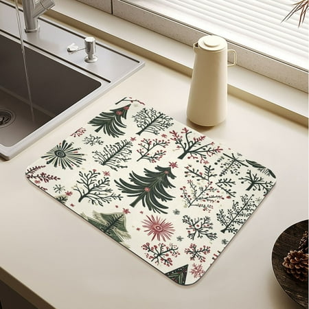 

Christmas Folk Art Pattern Drying Mat Diatomaceous Earth Super Absorbent Slip Rubber Sole Heat Resistant 230 Degrees Fahrenheit 23.6×19.7in