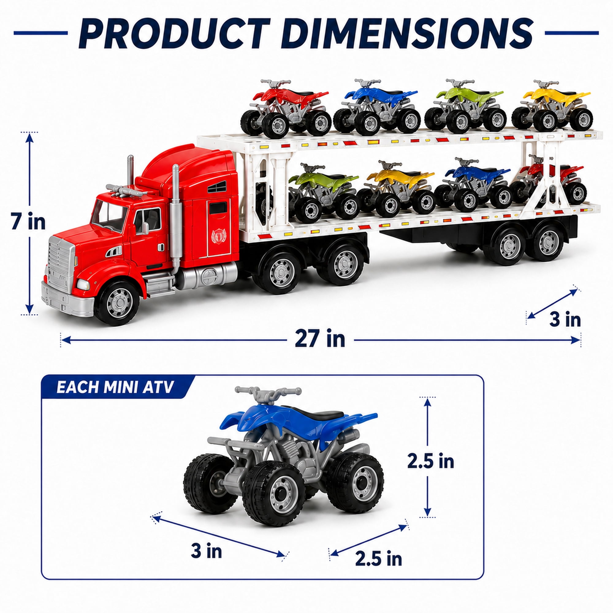9-Piece Mini Vehicle Carrier Truck Playset, Double-Deck Toy Transport Truck with 8 Mini Vehicles, Friction Powered Semi Truck Toy, No Batteries Required, Gift for Kids Ages 3+
