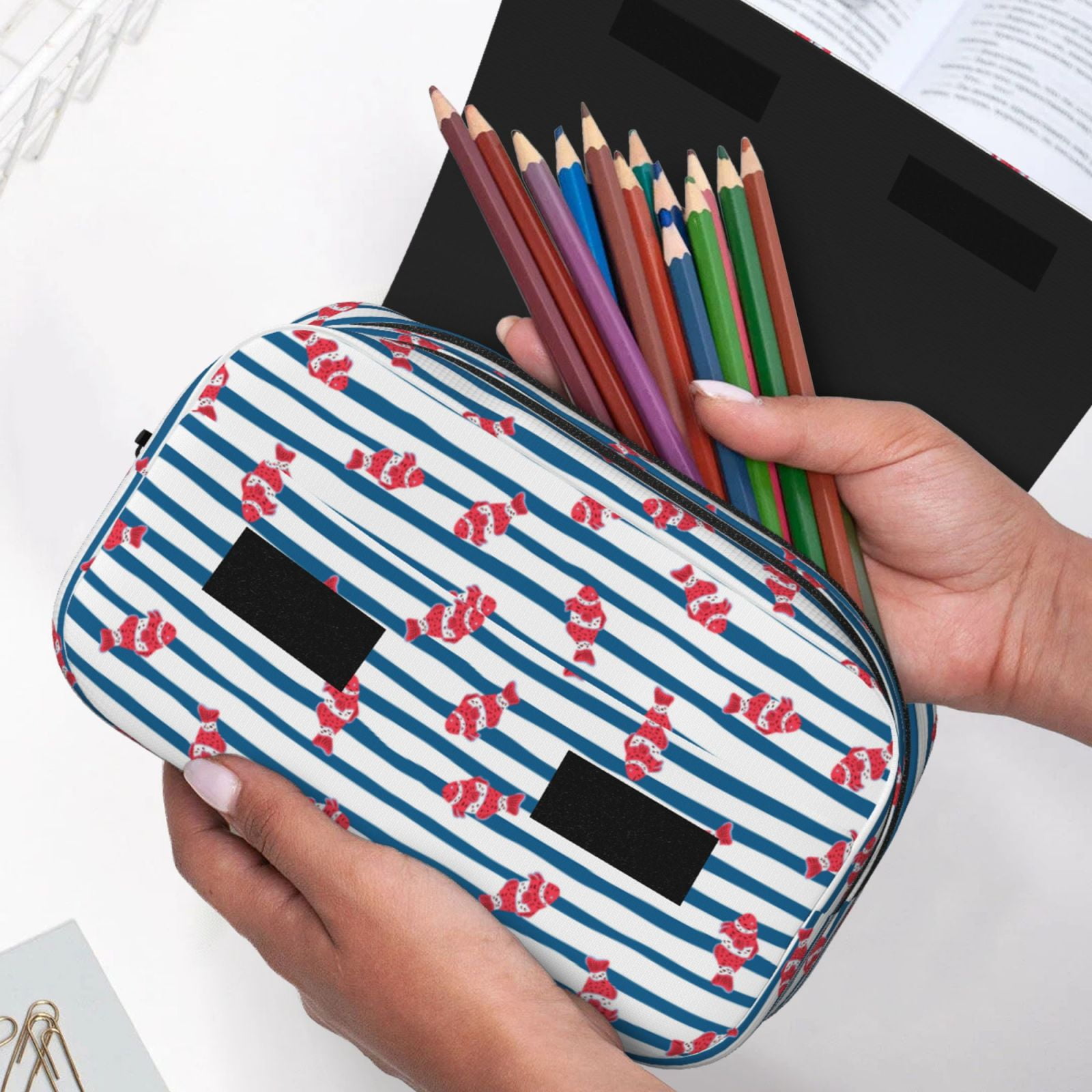 Rateoe Clown Fish Pattern Double Clamshell Pen Case, Storage Organizer with Two Zipper Compartments– Holds Up to 50 Pencils & Pens