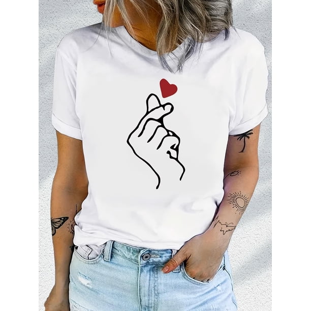 Women's Casual Heart Print T-Shirt - Soft 100% Cotton, Crew Neck, Short Sleeve, Machine Washable - Perfect for Spring & Summer Tee For Adult, Men, Women, Teen, Teenager, Adolescent, Youth
