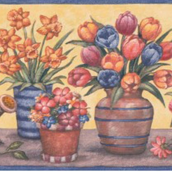 Concord Wallcoverings Classic Floral Wallpaper Border Featuring Tulips Irises Gerberas and Other Garden Flowers, Colors Yellow Orange Red Blue Brown, Size 4 Inches by 15 Feet BV006151B