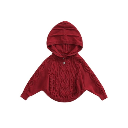 

Frobukio Toddler Baby Girls Hood Sweater Solid Twist Jacquard Long-Sleeved Button Cloak Knitwear Outerwear Maroon 9-12 Months