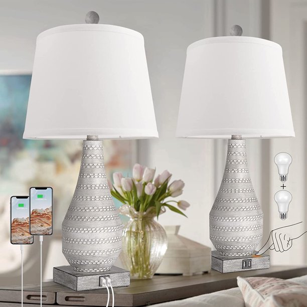 WITHU Table Lamps Set of 2, Farmhouse Gray Resin Bedside Lamps with