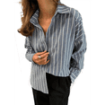 thumbnail image 3 of Camisas de Mujer con Botones, Blusas Clásicas A Rayas de Larga con Cuello y Bolsillo para Oficina Azul y Gris S, 3 of 7