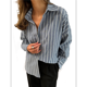 thumbnail image 3 of Camisas de Mujer con Botones, Blusas Clásicas A Rayas de Larga con Cuello y Bolsillo para Oficina Azul y Gris L, 3 of 7