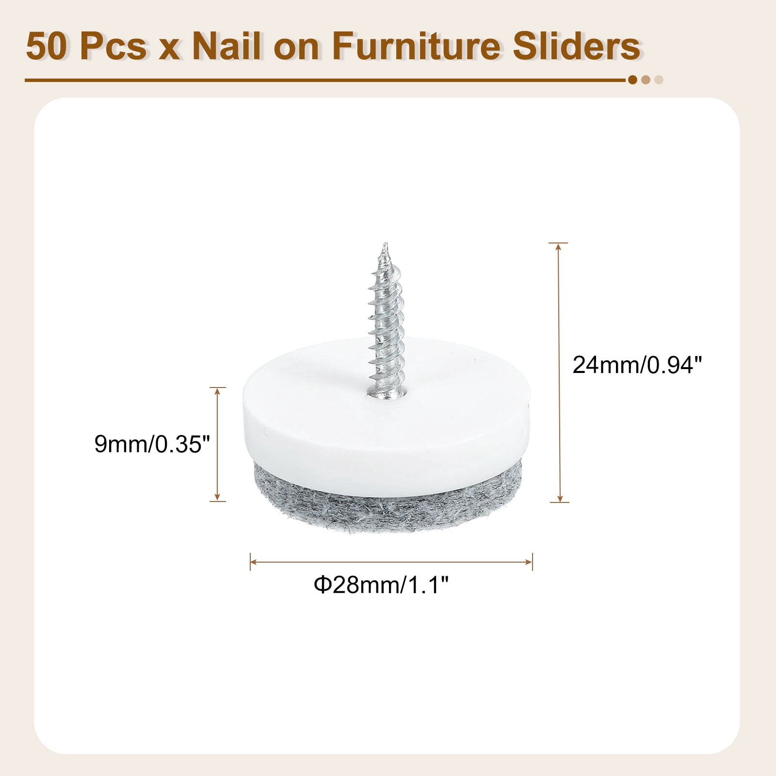 Nail-on Furniture Sliders, 50Pack Nail-on Felt Pad Round Chair Table Feet Pads Chair Leg Floor Protectors for Hardwood Floors (White, 28mm/1.1")