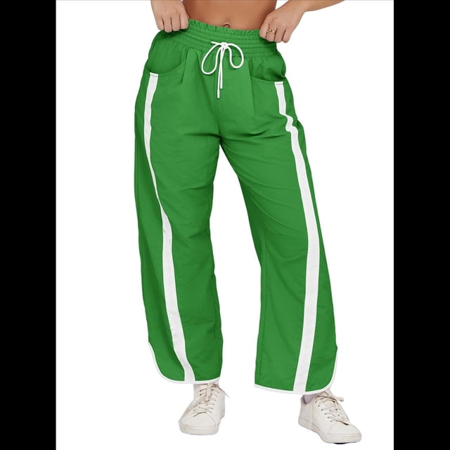 Pantalones Deportivos Holgados de Pierna para Mujer, Informales, con Cordón Ajustable y Cintura Elástica, en Colores Contrastantes, Estilo Y2K. Verde XXL