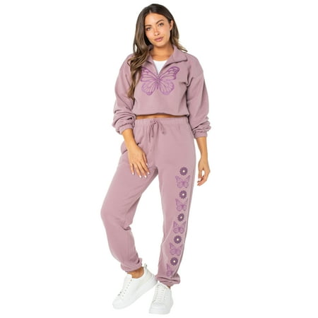 Celebrity Pink Juniors Set w/ 1/2 Zip Sweater and Boyfriend Jogger w/ Butterfly Print, Sizes XS-XXXL