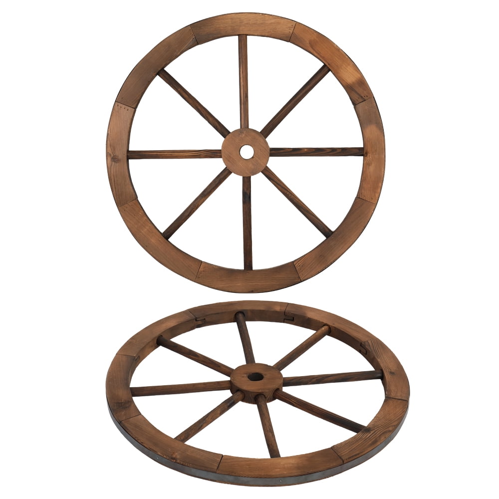 2-Pack 24 Inch Brown Fir Wood Wagon Wheel, Rustic Western Style Decorative Wheel with Sturdy Spokes, No Assembly Carbonized Wood Wheel for Indoor Outdoor Yard Patio Studio Bar Decor