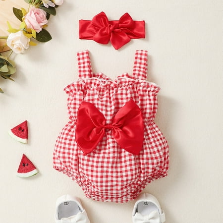 

Lamuusaa Baby Girl 2Pcs Summer Outfits Sleeveless Bow Front Plaid Print Romper with Headband Set