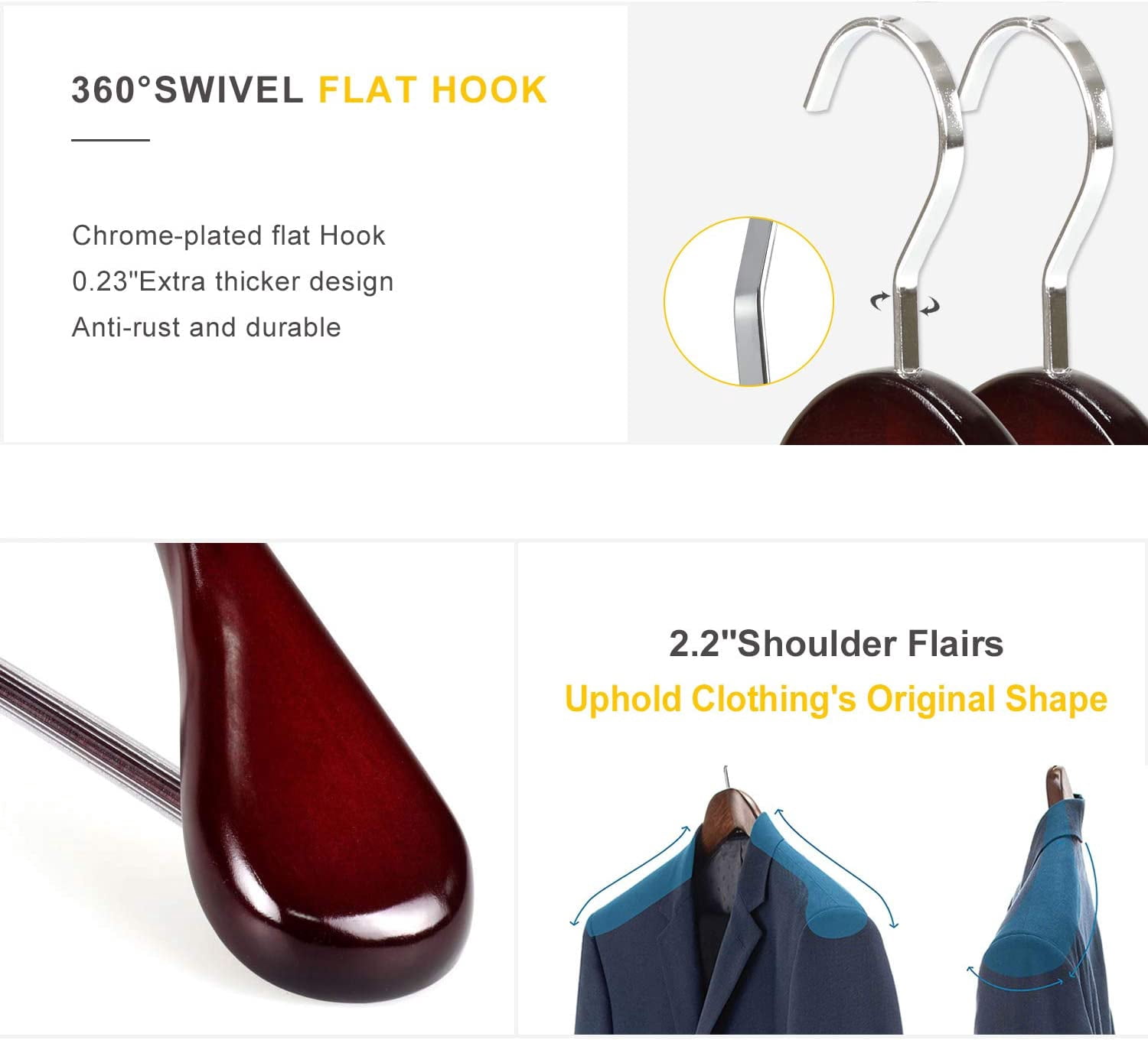 White Wooden Coat Hanger 6 Pack, Wood Suit Hangers,Glossy Finish with Extra-Wide Shoulder, Thicker White Hooks & Anti-Slip Bar,Suitable for Coat, Suit,Dress,Jacket,Heavy Cloth
