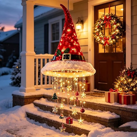 Hanging Santa Hat Chandelier Warm LED Lights Christmas Decor, 3 Festive‑Style Hanging Chandelier for Porch, Patio, Party & Holiday Ceiling Decor, Indoor & Outdoor Use
