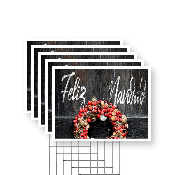 Feliz Navidad Yard Sign 5 Pack of 12 Inch x 16 Inch Single Sided Weatherproof Heavy-Duty Plastic with Stake | Spanish Holiday Sign, Festive Decor, Seasonal Promotions | Made in USA