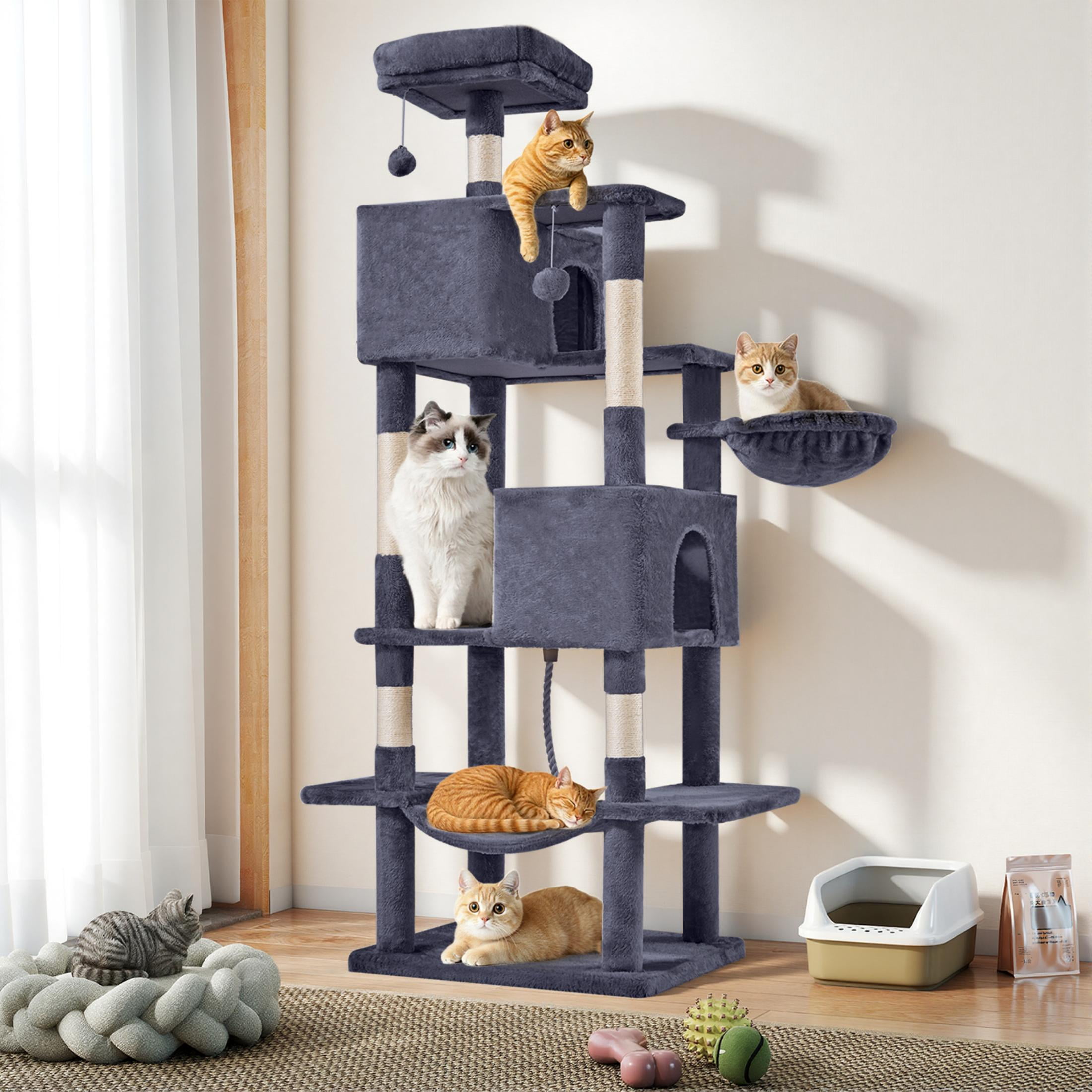 EDX 66" Cat Tree Tower for Indoor Cats, Multi-Level Durable Cat Climbing Tower, Large Pet House with Natural Sisal Scratching Post, Cozy Condo, Extended Platform, Kitten Toy and Hammock, Dark Grey
