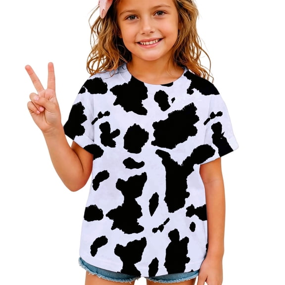 WERYOUNG Boys Girls Cow Print Shirt Crewneck Short Sleeve Graphic Tees Cute Casual Summer Vacation T Shirts For Kids Back To School Soft Top 2-3 Years