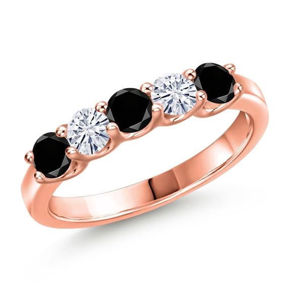 Gem Stone King 18K Rose Gold Plated Silver Black Diamond and White Moissanite Wedding-Bands Ring for Women | 0.83 Cttw | Round 3.5MM | Gemstone April Birthstone | Size 8