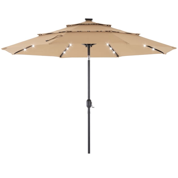 SHOUFTW 9.2ft 3-Tier Solar Patio Umbrella with LED Lights, Tilt, Crank, for Garden, Deck, Pool, Khaki